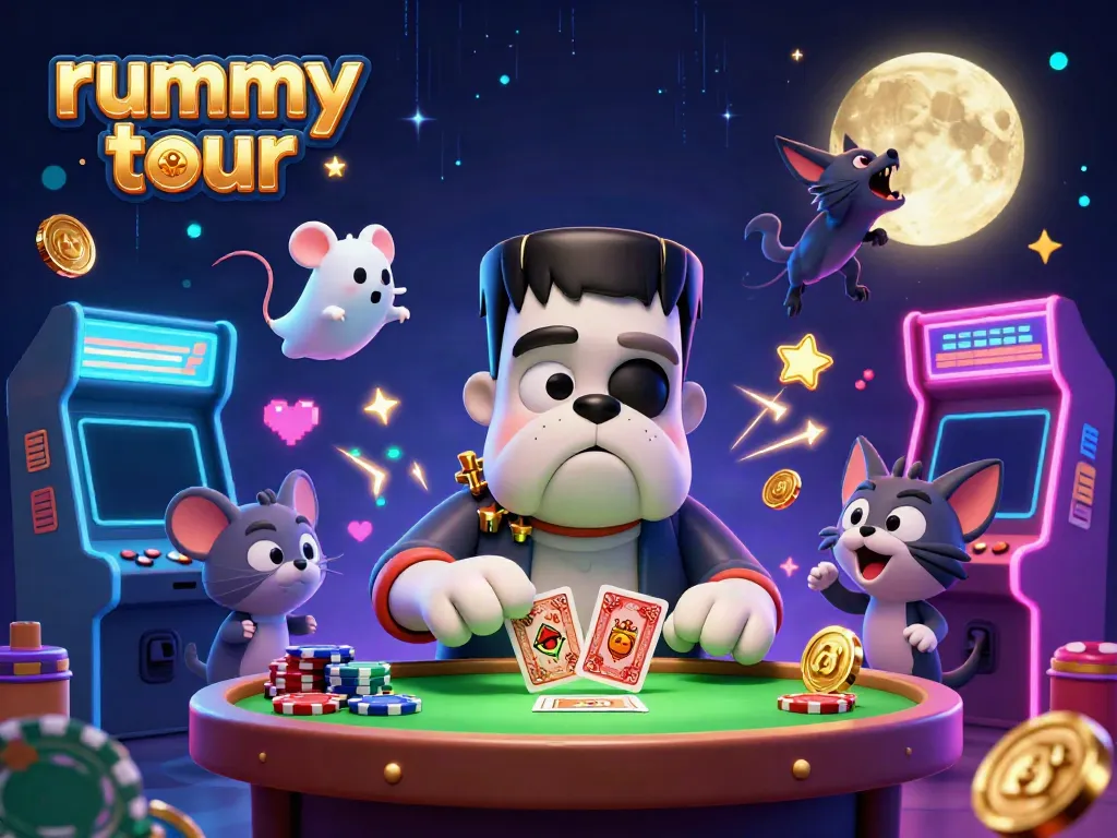 Permainan rummy tour di meja hijau cerah dengan karakter unik dan chip poker berlimpah.