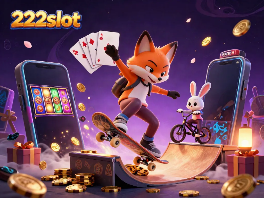 Permainan slot seru di 222slot dengan ilustrasi rubah skateboard dan kelinci BMX yang menunjukkan aksi kasino.