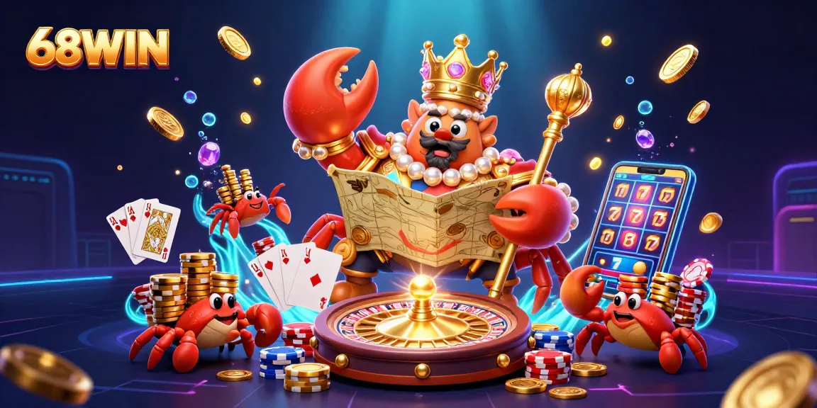Experience thrilling action with 68WIN, showcasing a vibrant 3D casino scene featuring a golden crab emperor.