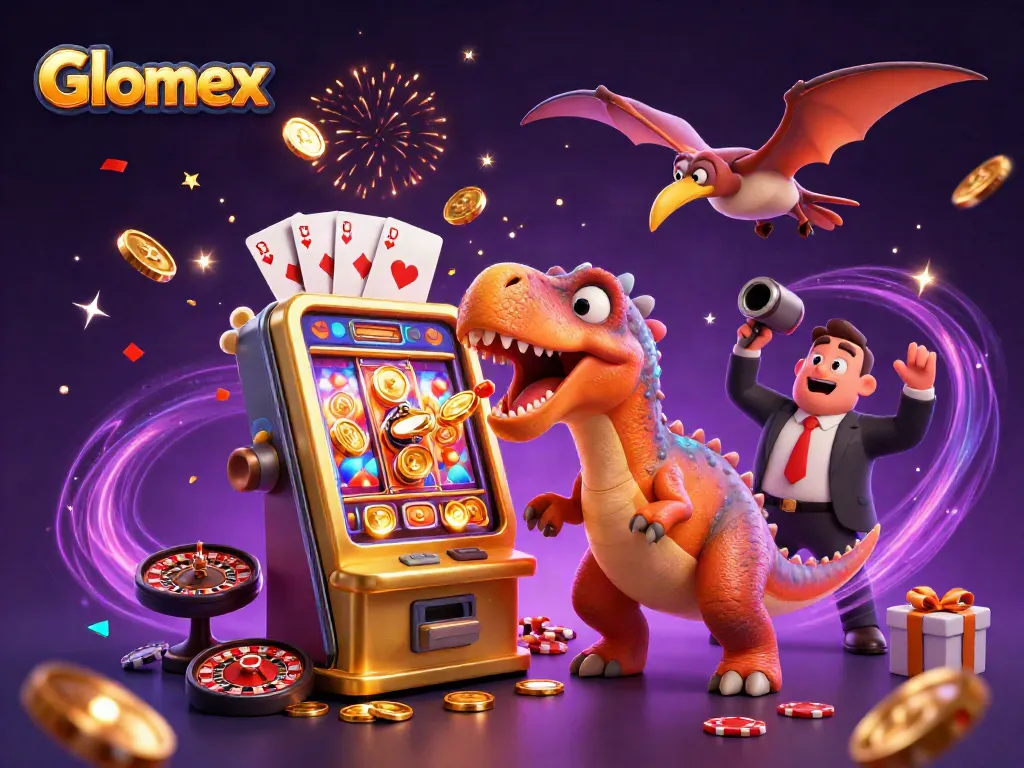 Glomex showcases an epic 3D casino scene with dinosaurs winning jackpots and coins flying.