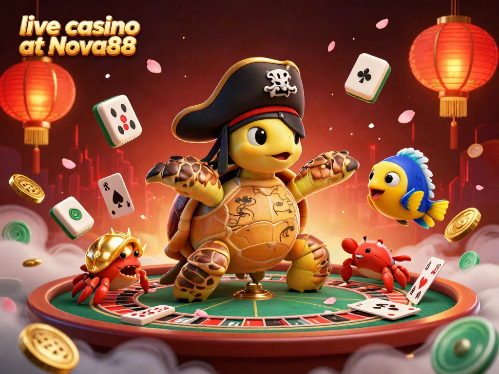 Experience thrilling live casino at Nova88 with vibrant elements like roulette and playing cards.