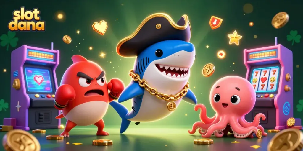Permainan slot dana dengan karakter ikan hiu dan teman-temannya di lingkungan kasino yang cerah.