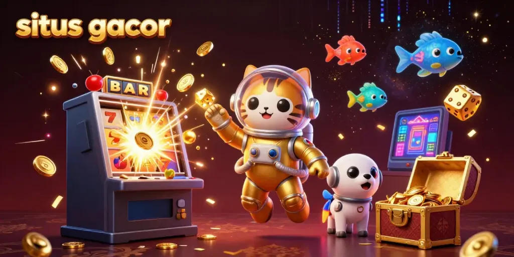 Gali kemenangan di situs gacor dengan jackpot slot spektakuler dalam ilustrasi 3D.