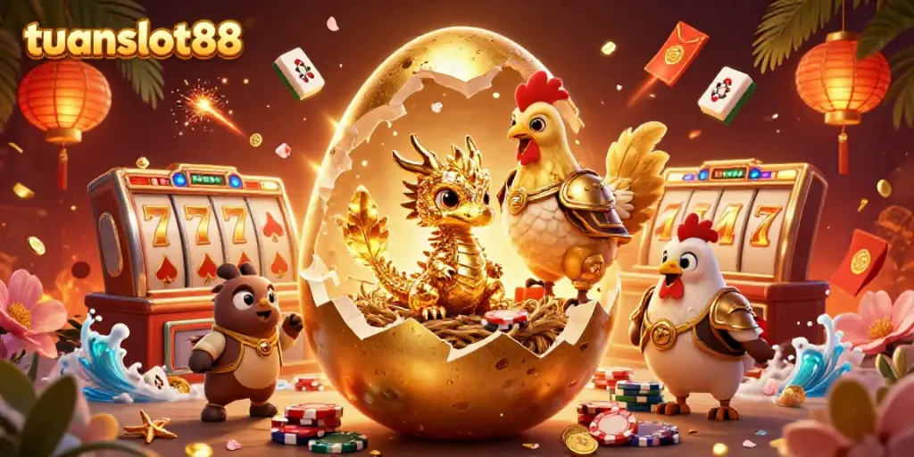 Gambarkan momen menarik Tuanslot88 dengan telur emas dan naga di antara chip poker.