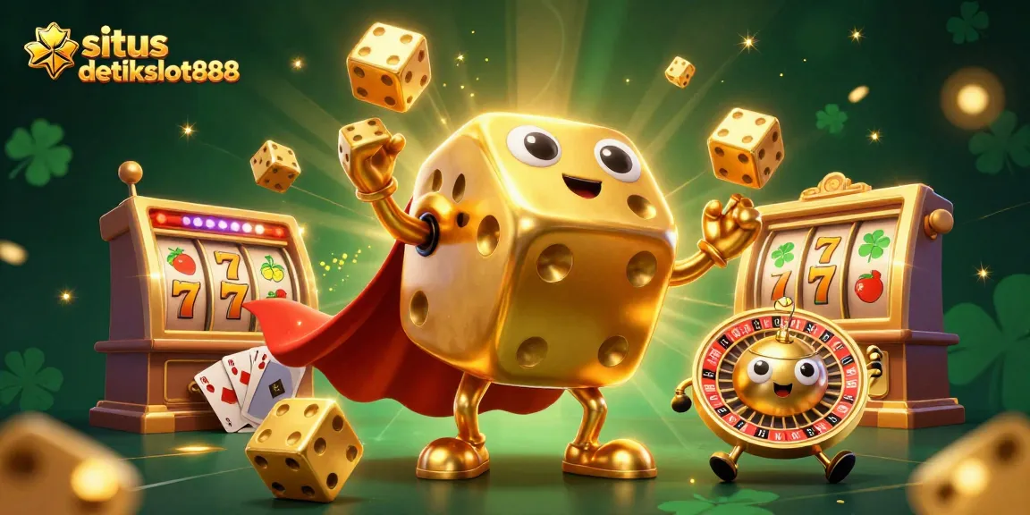 Situs detikslot888 menghadirkan ilustrasi kasino 3D yang memukau dengan karakter dadu emas dan elemen slot yang menarik.