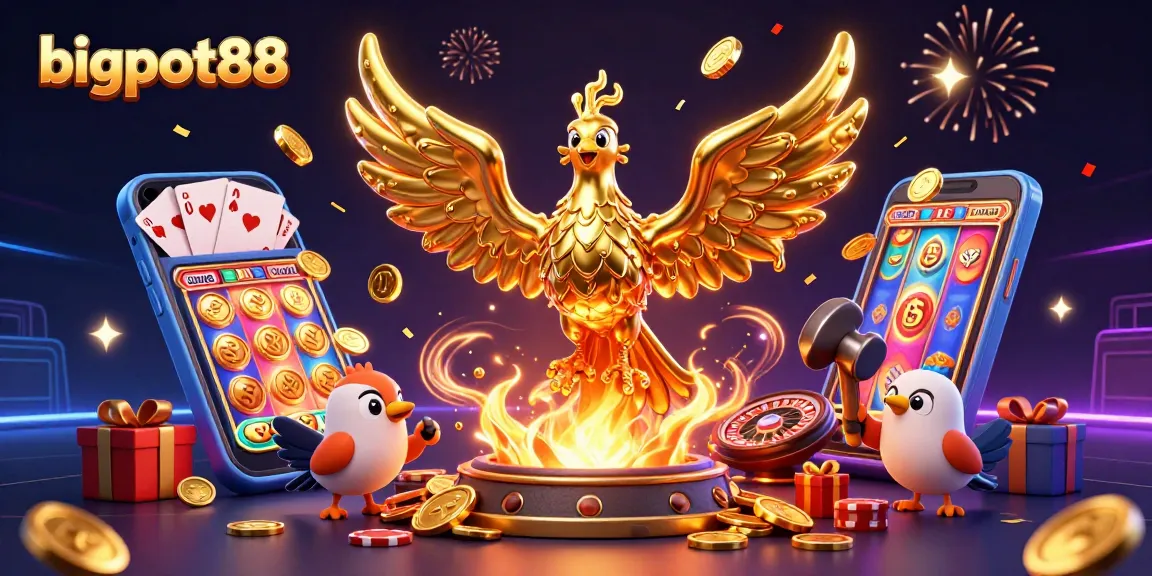 Bigpot88 features a vibrant, immersive, and celebratory casino scene with jackpots and games.