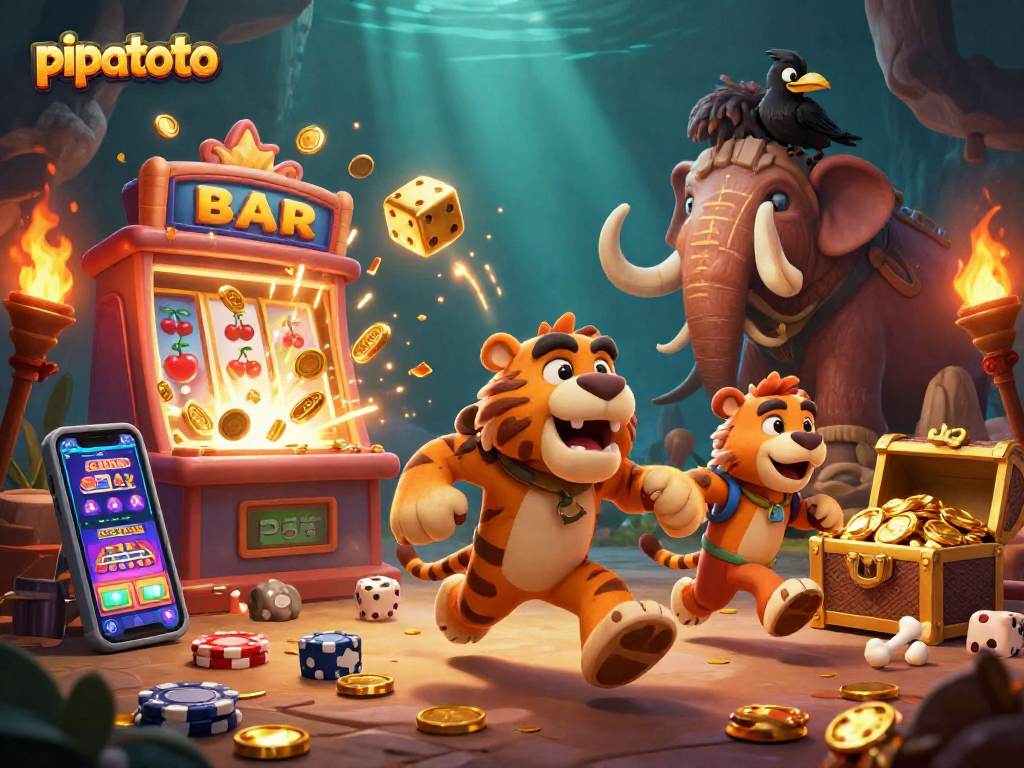Win big with pipatoto at a vibrant, dynamic prehistoric casino illustration.