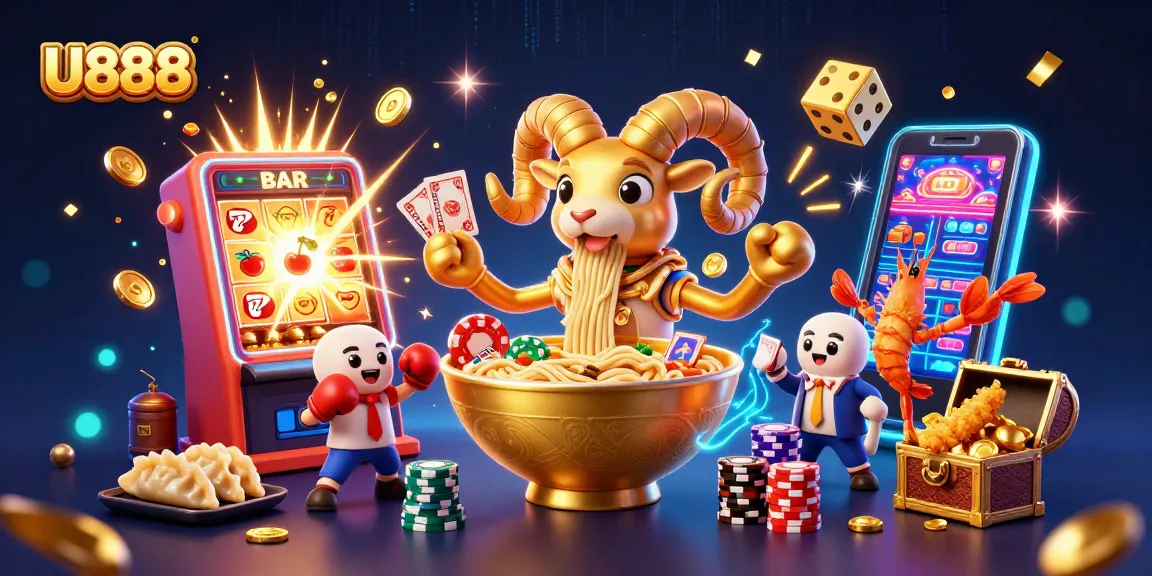 U888 captures the excitement of winning with a cartoon ramen bowl character, vibrant casino elements, and dynamic gameplay.