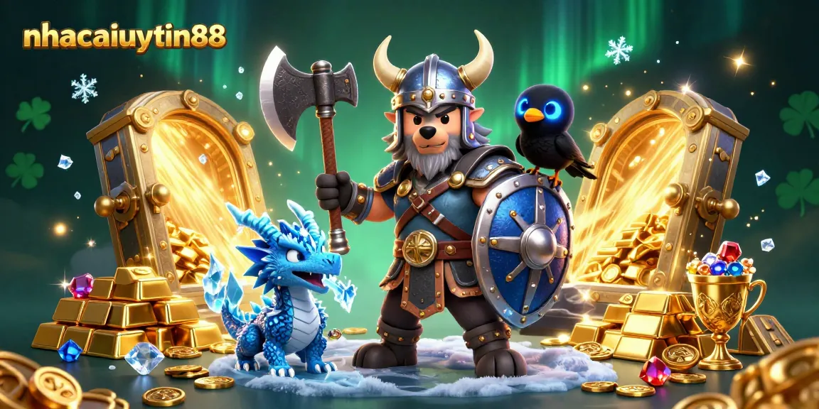 Experience thrilling action at nhacaiuytin88 in this dynamic 3D illustration featuring a Viking wolf warrior with a dragon amidst treasures.
