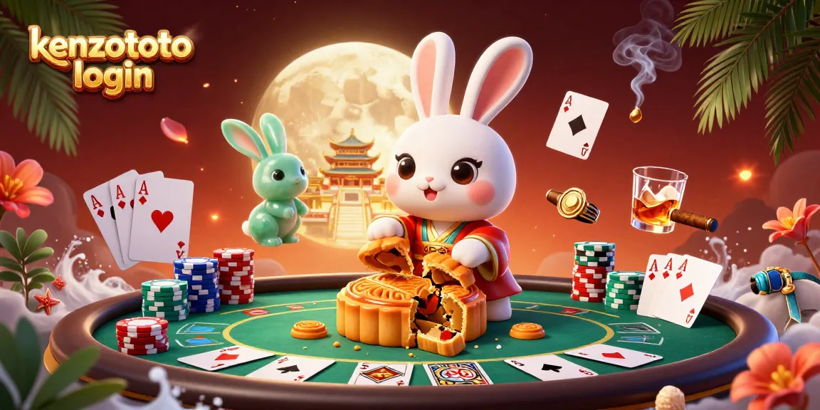 Engage with exciting games at kenzototo login, where the moon rabbit brings poker chips from mooncakes in a colorful casino setting.