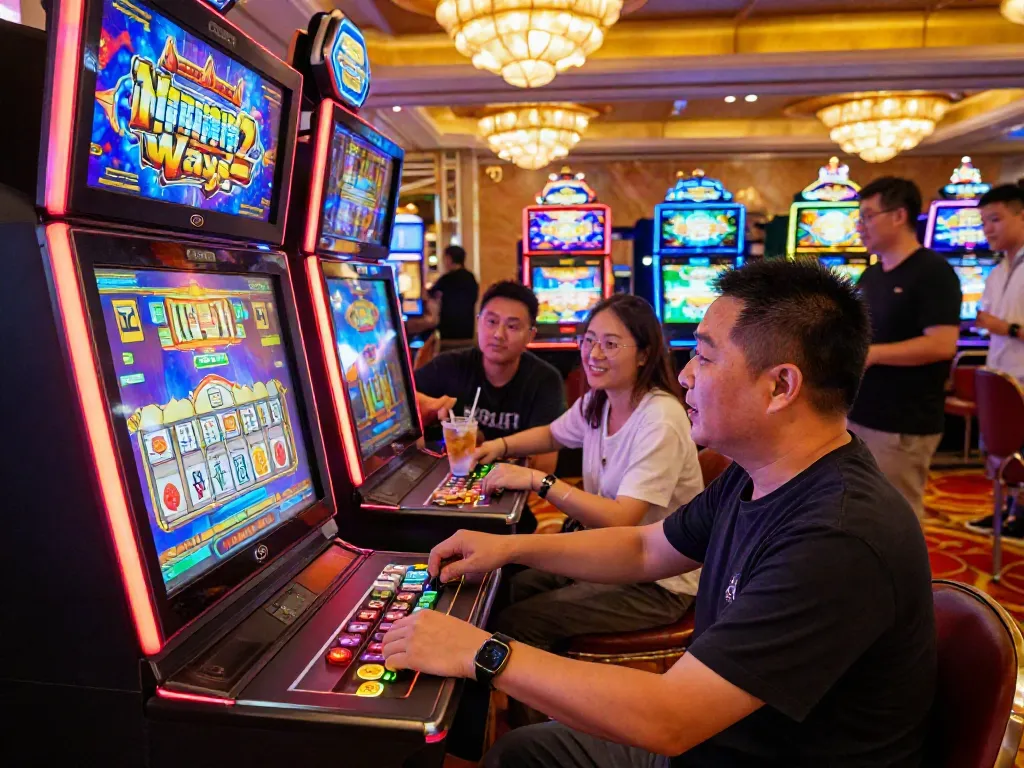 Permainan mesin slot Mahjong Ways 2 yang dinamis dengan pemain antusias di kasino.