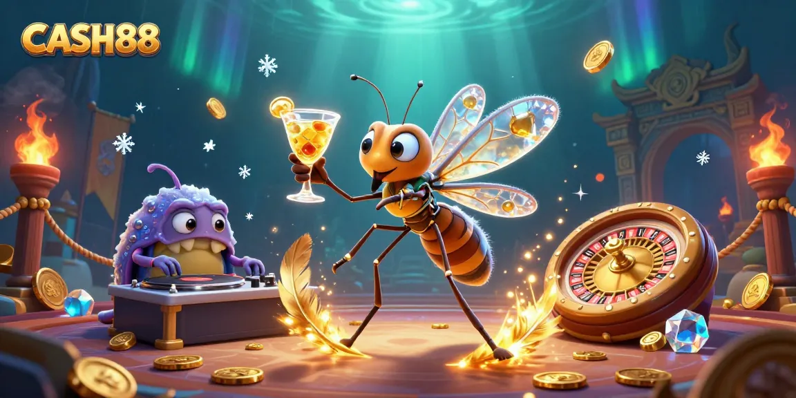 Engage with CASH88's vibrant casino scene featuring a frozen mosquito mascot and trilobite DJ amid golden elements.