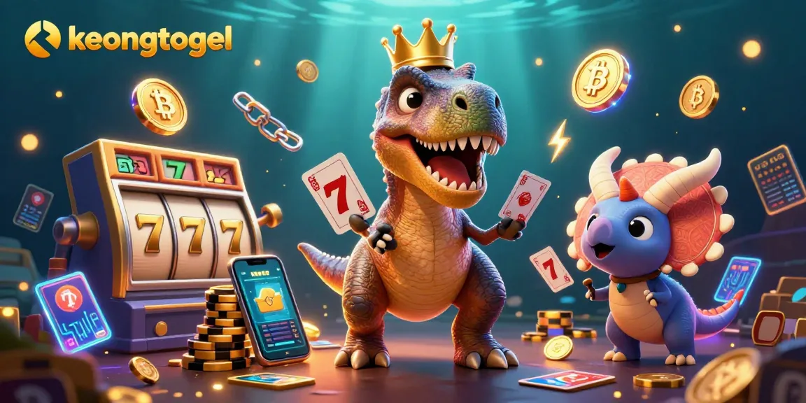 Engage with keongtogel's vibrant casino world featuring a friendly T-Rex, animated characters, and slot games.