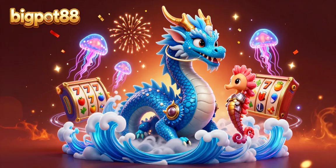 Experience bigpot88 thrills with an azure dragon and a seahorse knight amidst glowing casino elements.