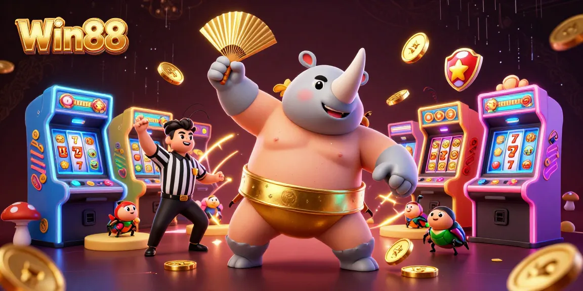 Win88 brings thrilling excitement with a rhinoceros beetle champion in a dynamic casino scene.