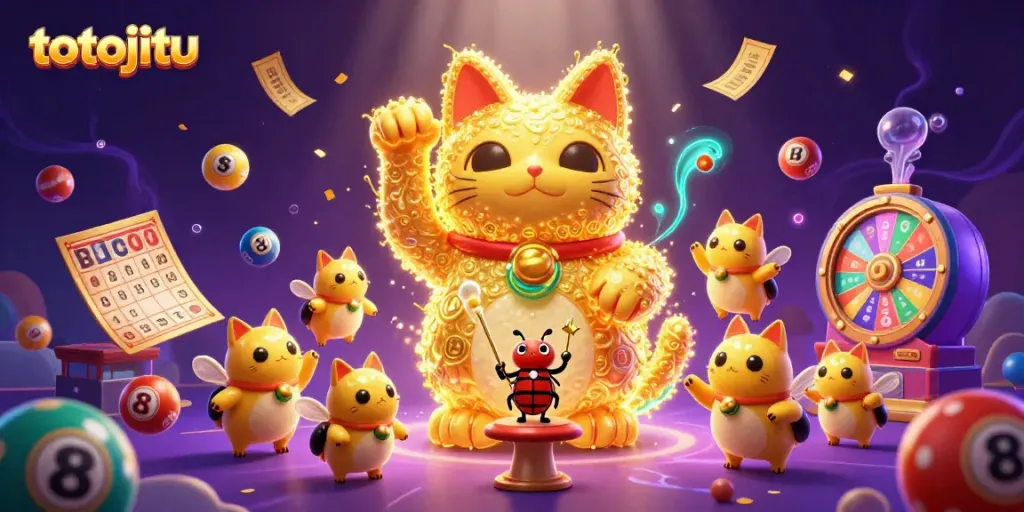 Watch the lucky cat of totojitu come to life with vibrant lottery balls and casino symbols