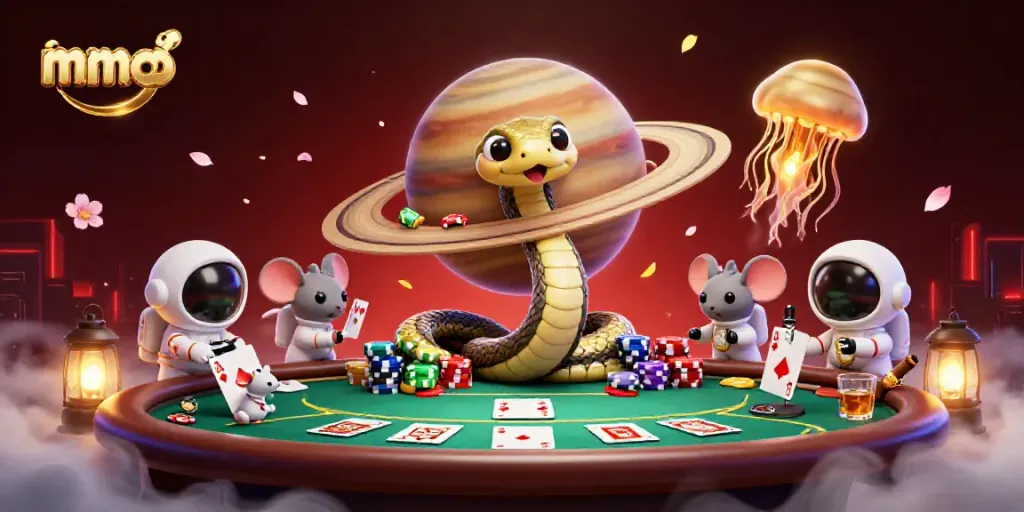 Engaging mmoo scene with astronaut mice betting as a cosmic dealer oversees a whimsical casino
