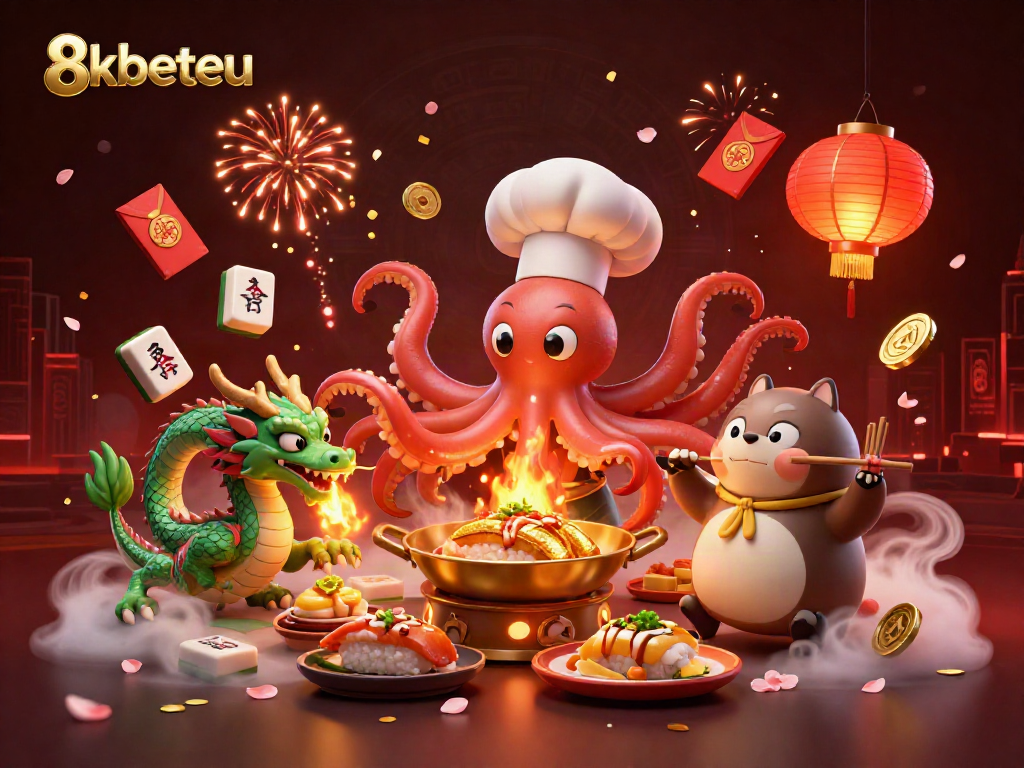 Energizing scene of 8kbeteu with octopus chef and dragon in a vibrant casino atmosphere.