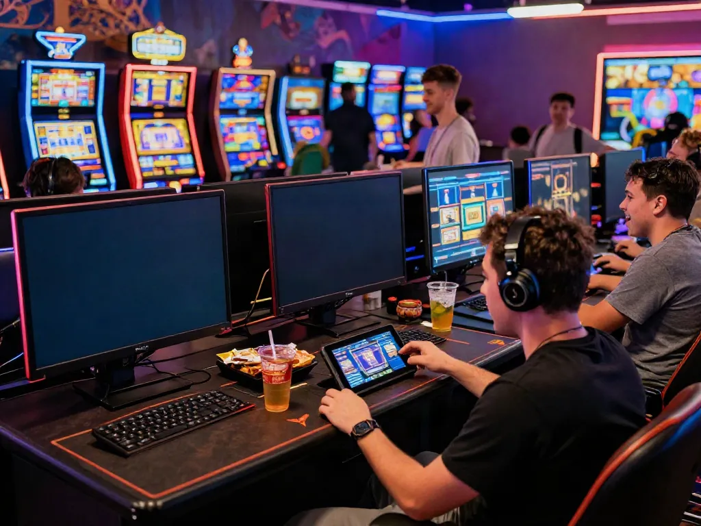 Akujp online gaming excitement with players engaged and colorful slot machines.