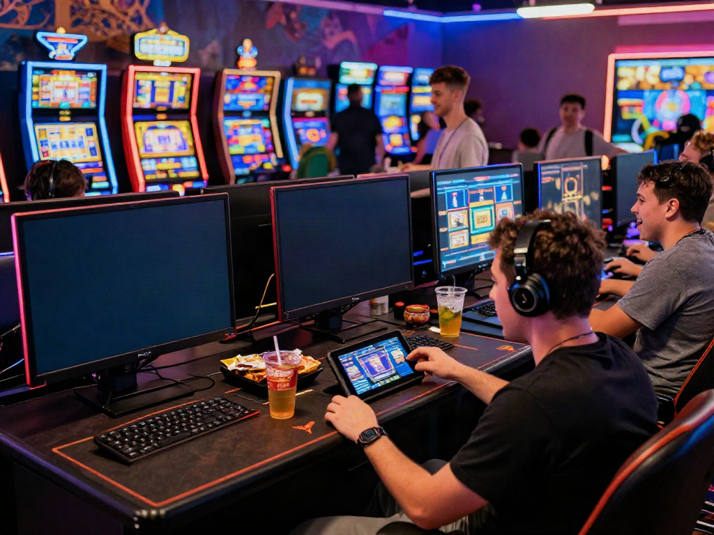 Akujp online gaming excitement with players engaged and colorful slot machines.