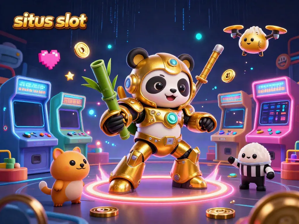 Ilustrasi 3D cerah tentang situs slot dengan panda mesin tempur emas dan alat permainan di arena.
