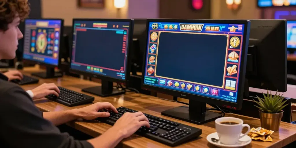 Person enjoying slot games on desktop setup with vibrant screens and cozy atmosphere.