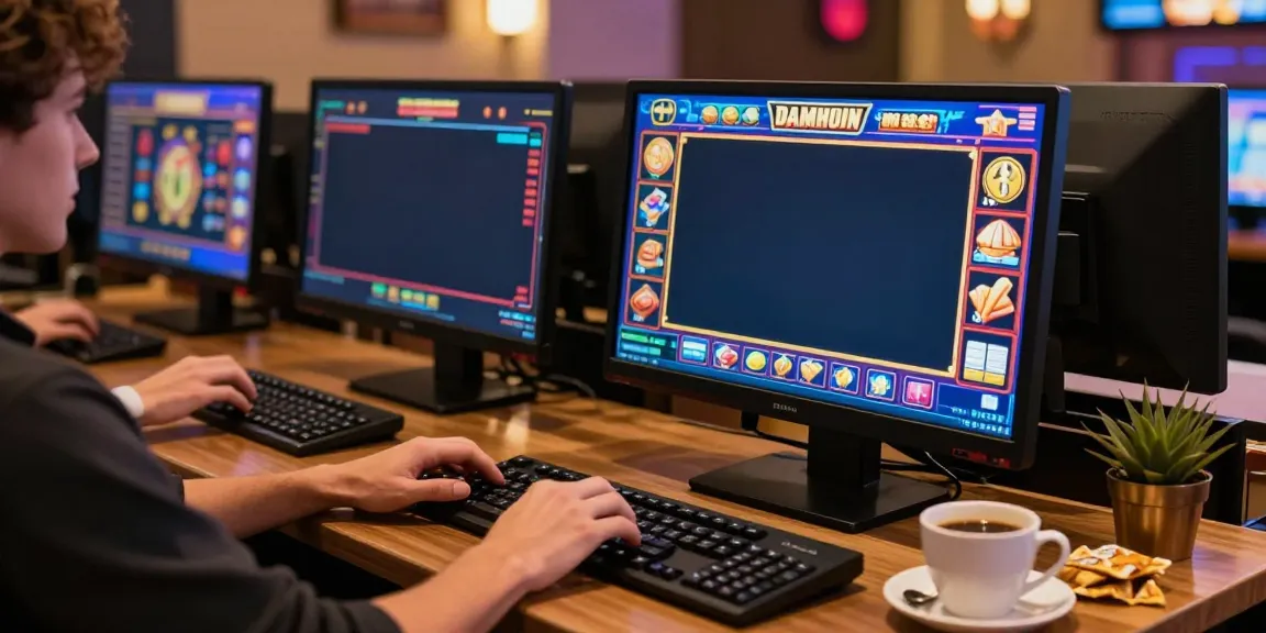 Person enjoying slot games on desktop setup with vibrant screens and cozy atmosphere.