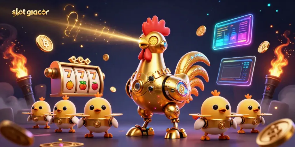 Play slot gacor with this dynamic illustration showcasing a golden rooster robot and baby chick drones