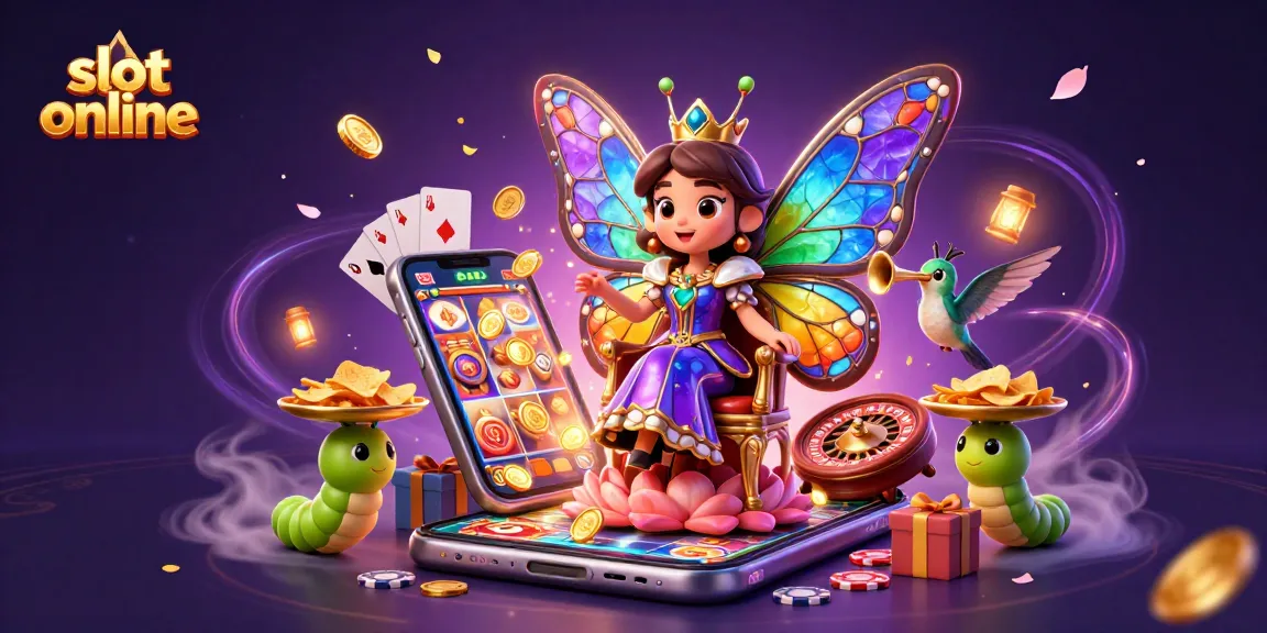 Slot online menunjukkan keindahan permainan dengan ratu kupu-kupu dan simbol slot yang menarik.