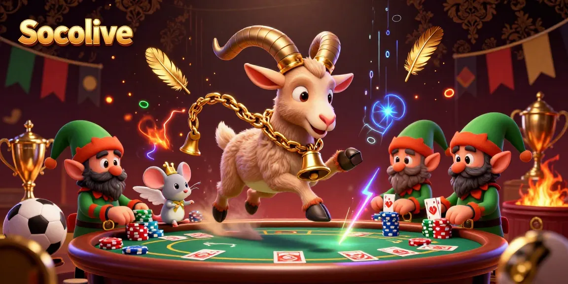 Socolive features a lively sports betting casino scene with a playful Krampus goat, interactive angel mouse, and mischievous gremlins.