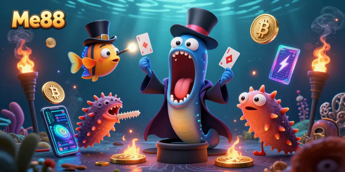 Experience the exciting world of Me88 with a unique underwater casino illustration featuring immersive characters and crypto elements.