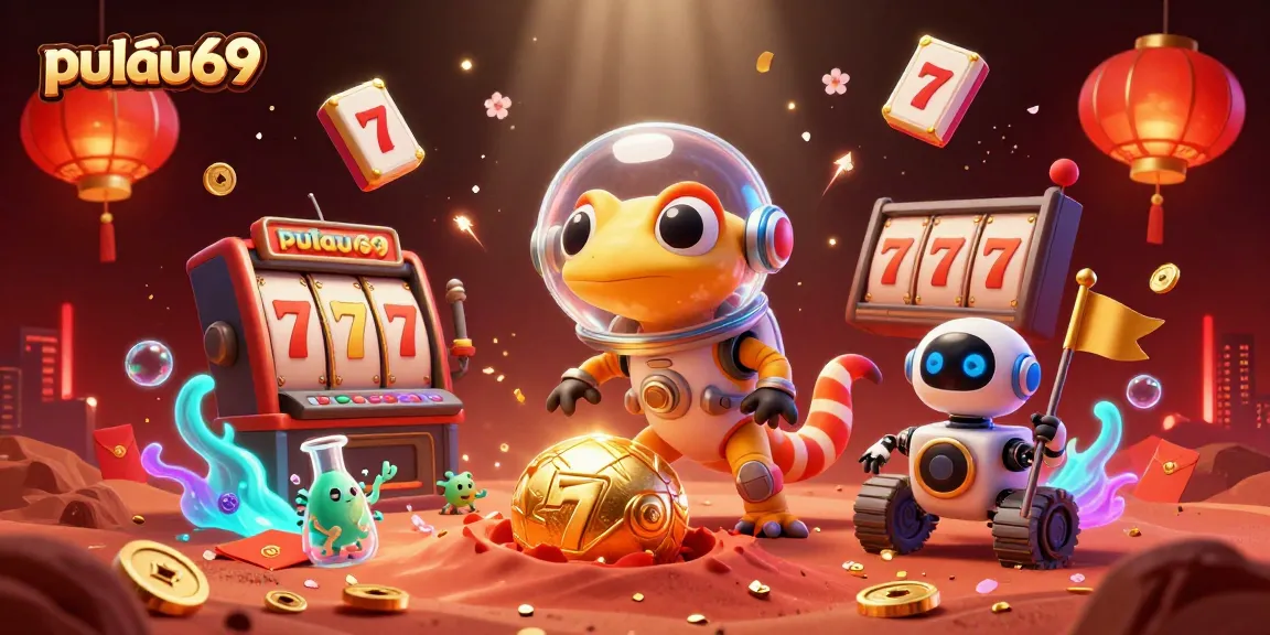 Experience pulau69's thrilling gaming adventure with vibrant casino elements and a playful Martian gecko.