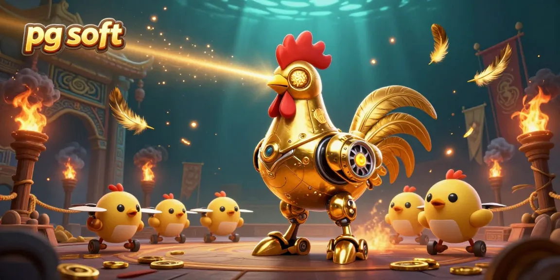 Slot gacor pg soft dengan robot ayam emas dan drone ayam kecil, penuh energi dan elemen kasino.