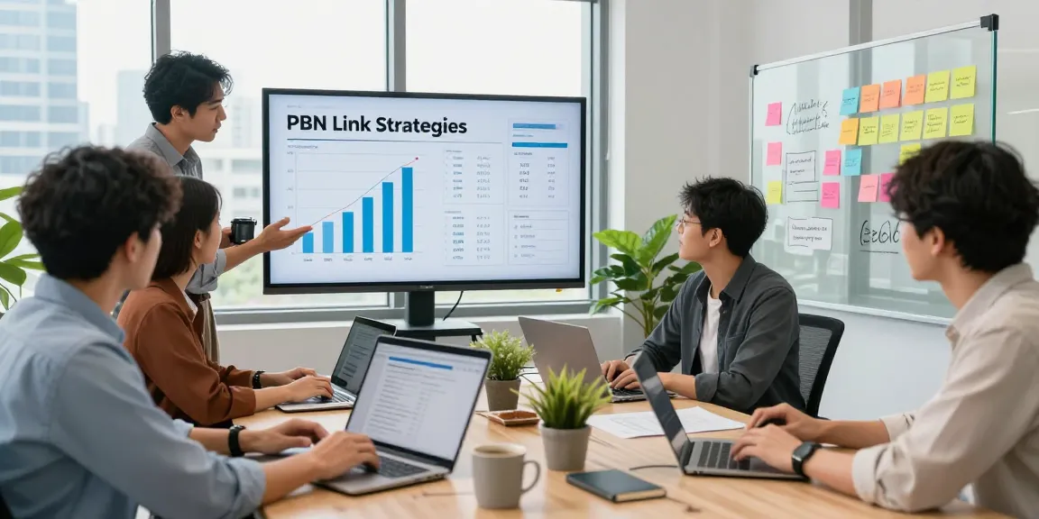 Team discussing PBN link strategies for seanbowieforaz in modern office.