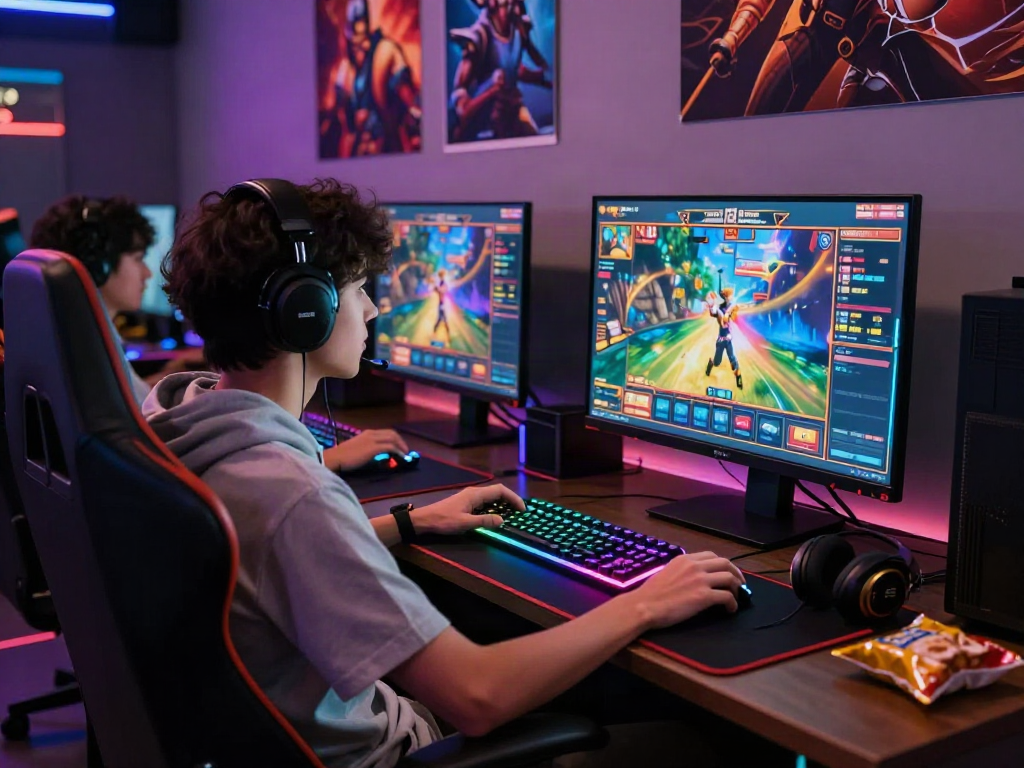 Gamer engaged in an online slot game environment showcasing akunjp gaming setup with vibrant LED lights and gaming accessories.