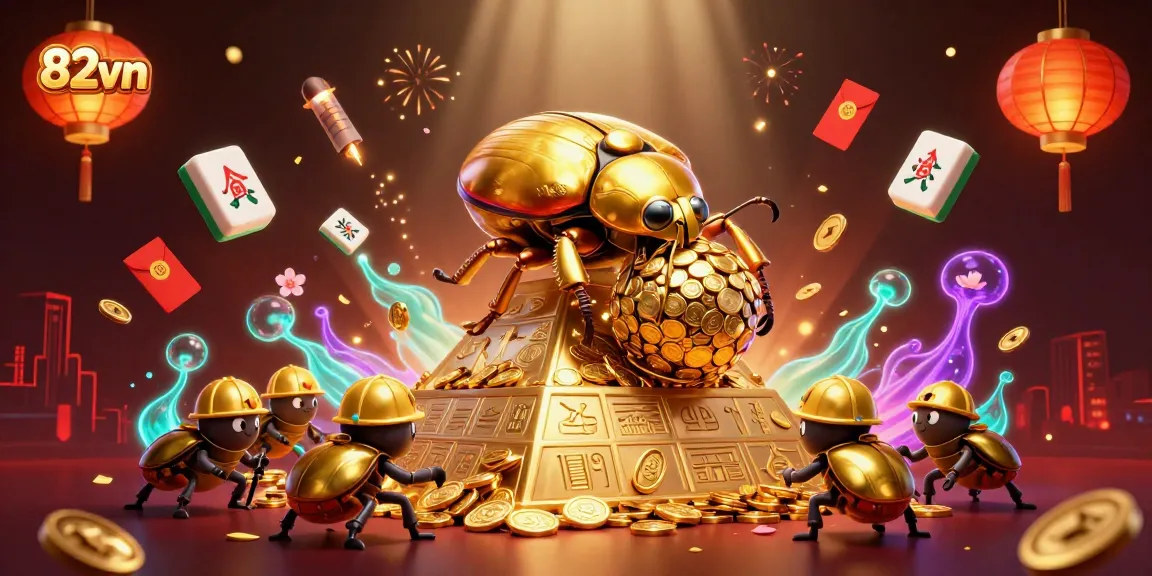 Experience the excitement of 82vn with a cartoon beetle rolling gold coins and vibrant casino elements.