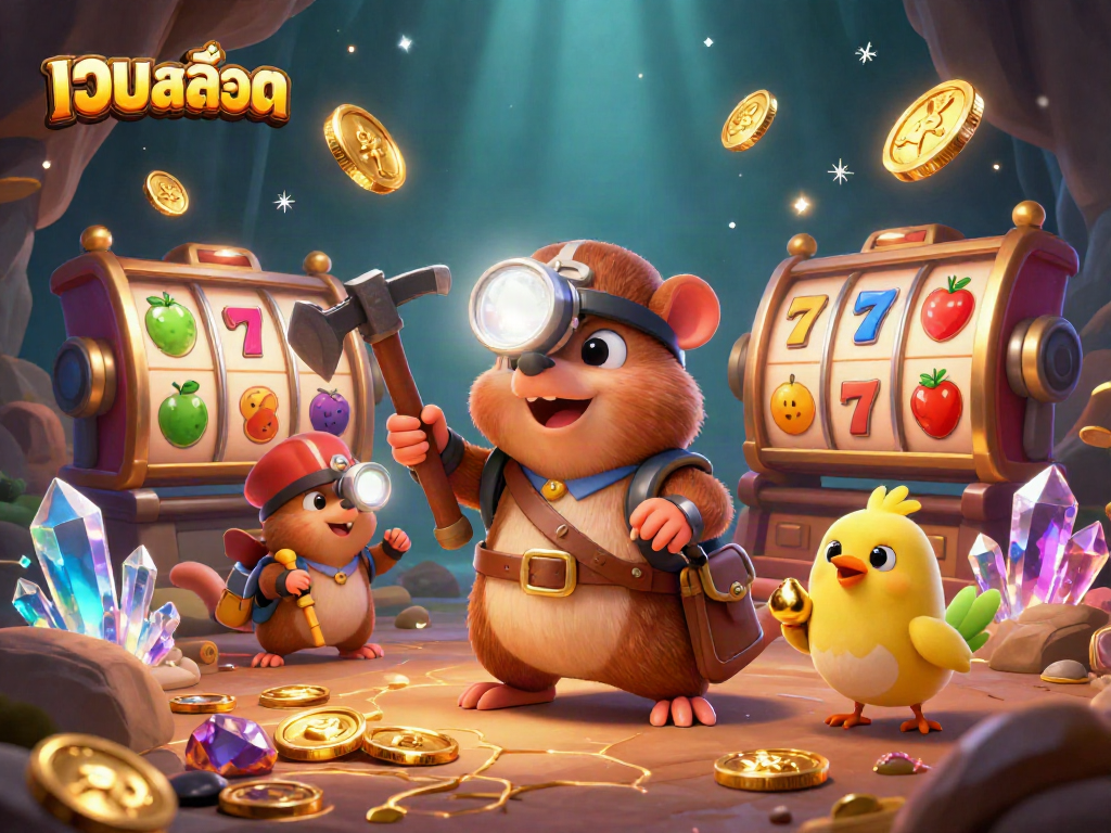 Engage with เว็บสล็อต through a vibrant scene of a treasure hunter mole and canary amid glimmering slot reels.