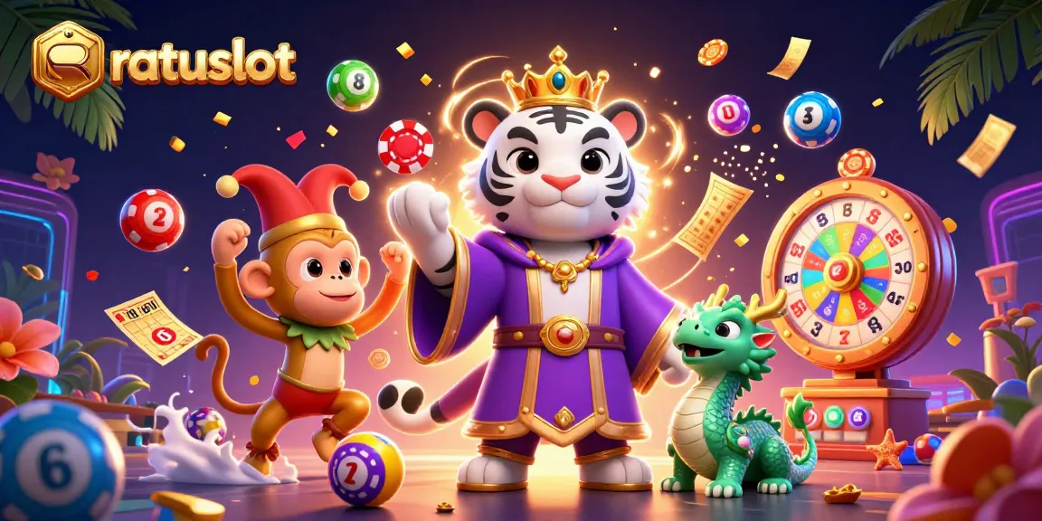 Play slot games on Ratuslot with an enchanting scene of a tiger and monkey amidst colorful lottery elements.