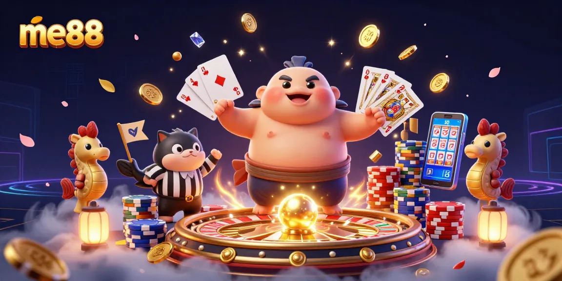 Celebrate winnings and excitement at me88 with a vibrant underwater casino scene featuring a playful fugu.