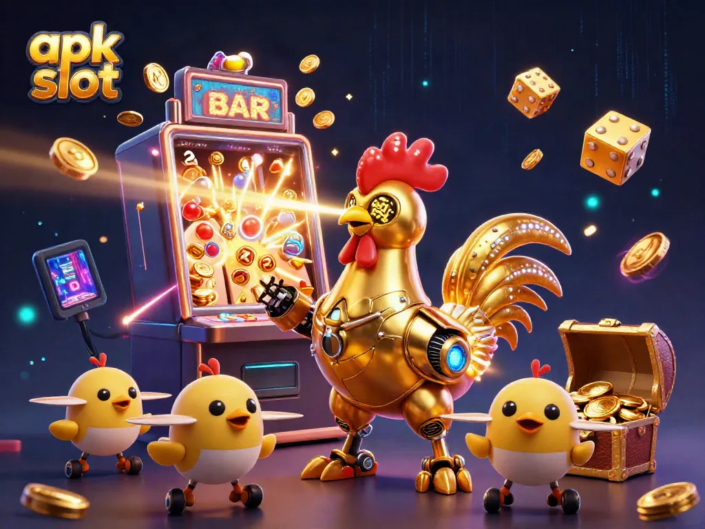 Game apk slot yang menarik ditampilkan dengan ilustrasi kartun tiga dimensi berkilau dan elemen kasino yang dinamis.
