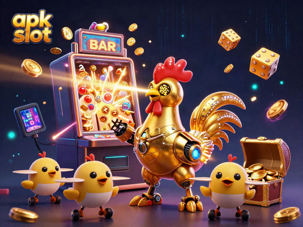 Game apk slot yang menarik ditampilkan dengan ilustrasi kartun tiga dimensi berkilau dan elemen kasino yang dinamis.