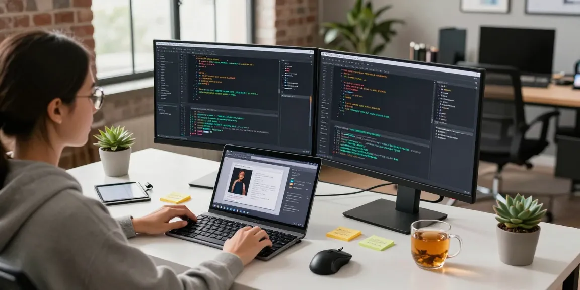 Coding workspace with a developer focused on dual monitors and a laptop, showcasing a collaborative slot application design.