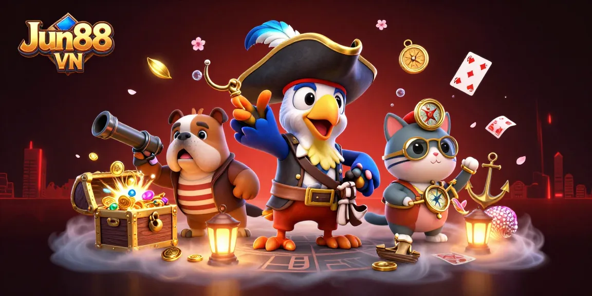 Win big with Jun88 VN in an exciting 3D casino-themed illustration featuring vibrant characters and treasures.