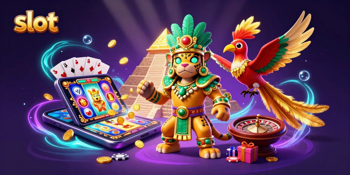 Putar permainan slot berwarna-warni sambil dikelilingi oleh elemen kasino yang kaya dalam sebuah adegan yang penuh warna.