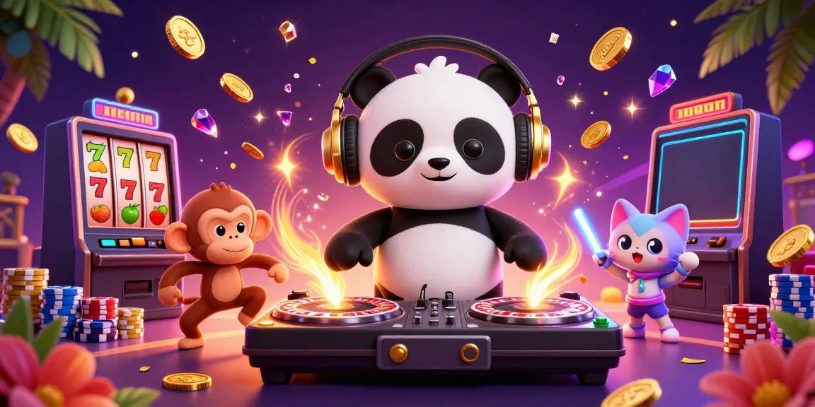 Experience the vibrant energy of BOLASLOT99 with a DJ panda, dancing monkey, and glowing kitten surrounded by casino elements.
