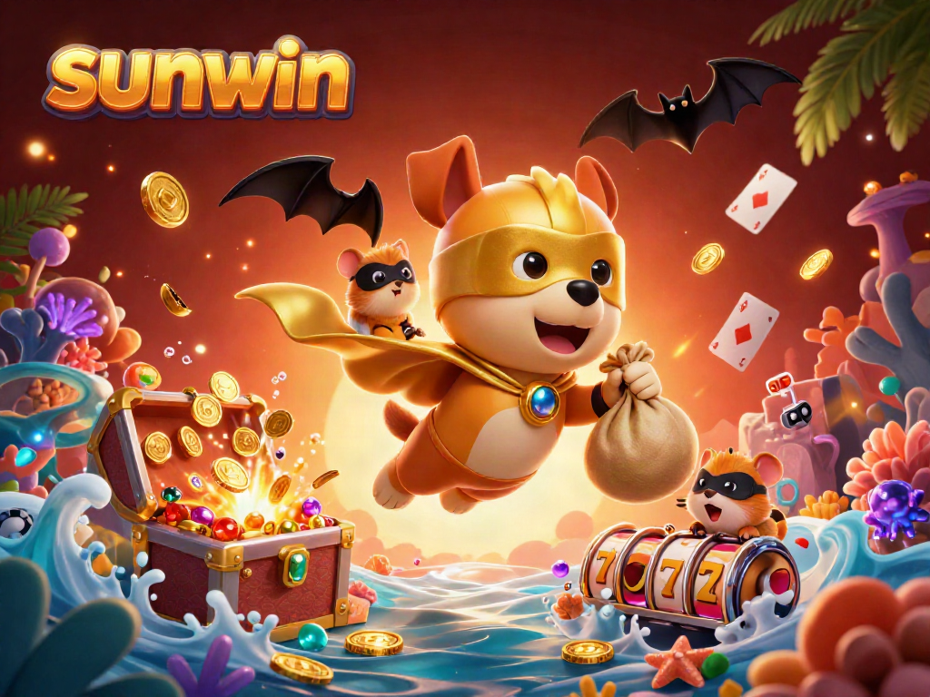 Engage in thrilling gameplay at Sunwin with a superhero dog and hamster amidst casino excitement.