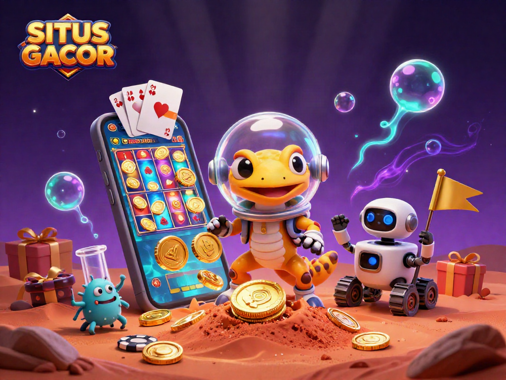 Experience the thrill at SITUS GACOR with a Martian gecko showcasing a vibrant casino scene.
