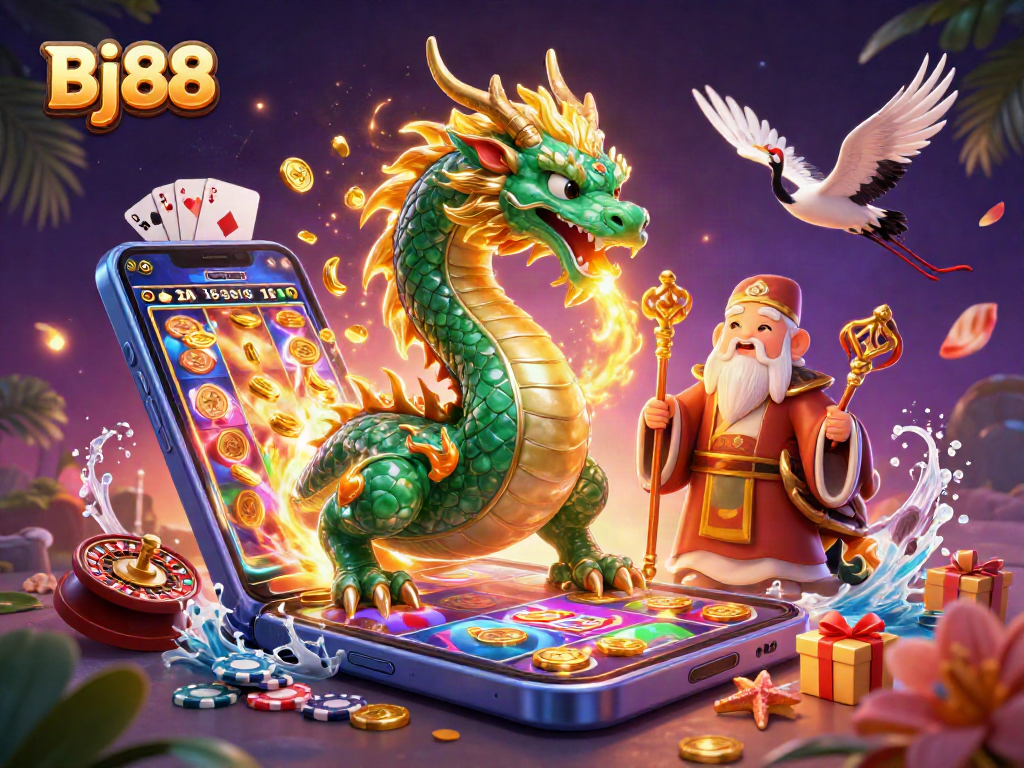 Bj88 combines a jade dragon and a turtle sage amidst dynamic casino elements.