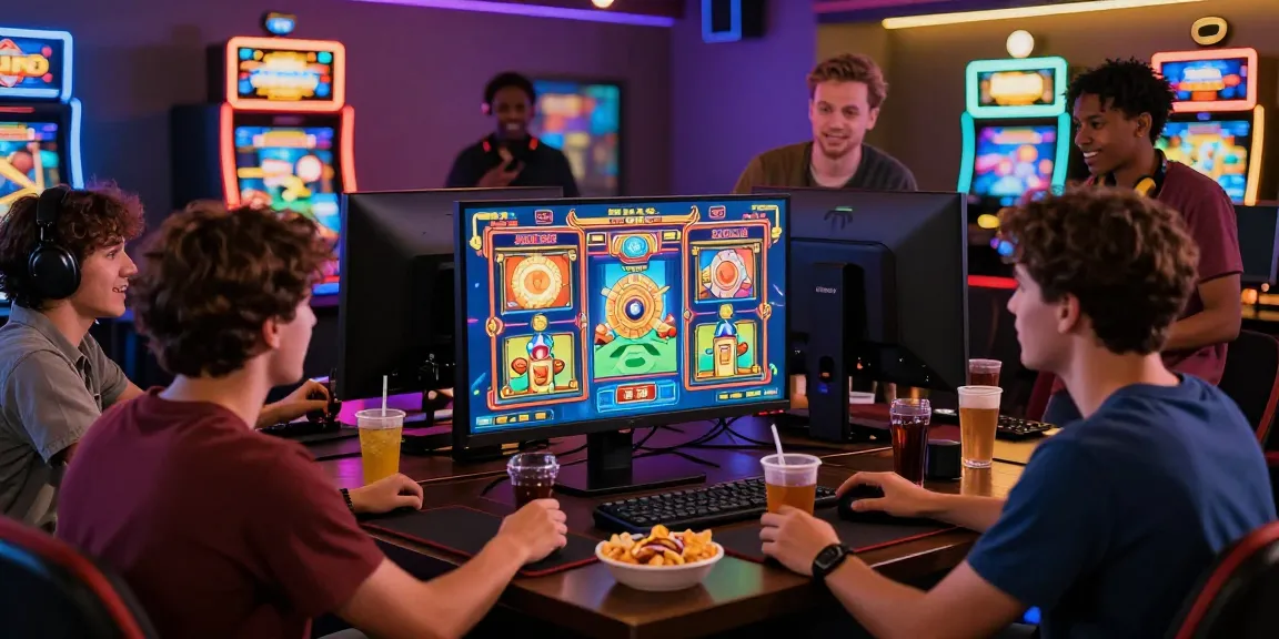 Exciting demo slot gaming scene with friends enjoying a virtual casino experience.