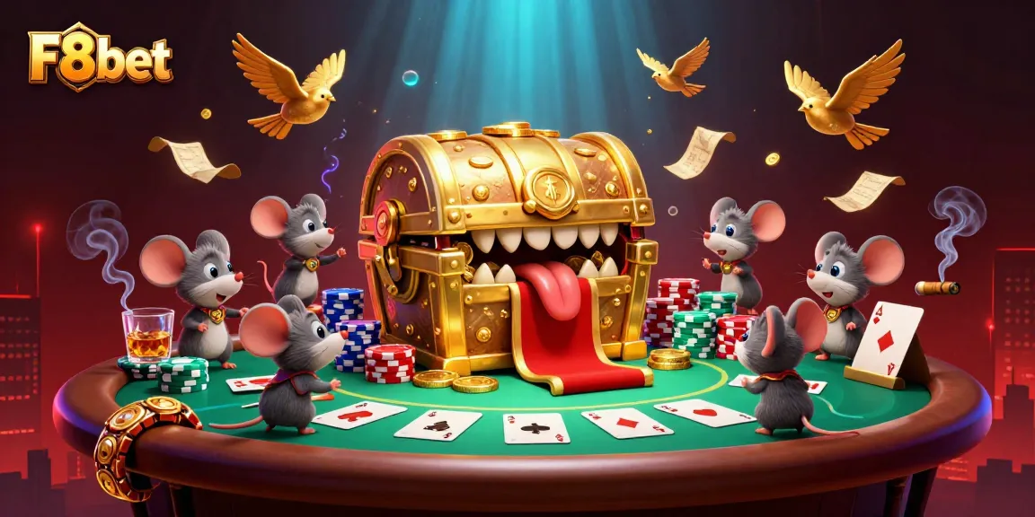 Engage with F8bet's dynamic casino experience featuring rich visuals of poker elements and treasure.